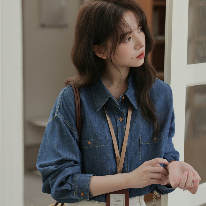 女士秋季日系V領單排扣針織馬甲+牛仔長袖襯衫