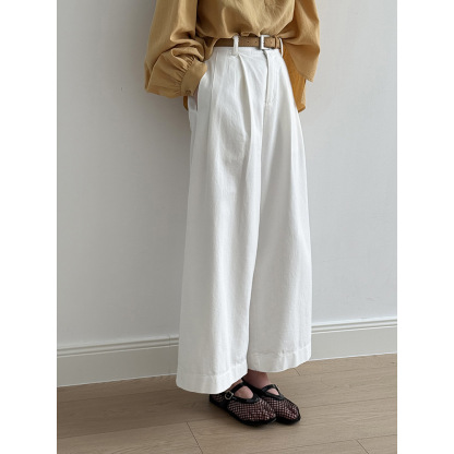 女士水洗棉含腰帶直筒闊腿褲