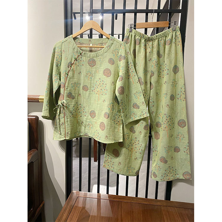 女士四季款古風樹葉印花長袖圓領家居服