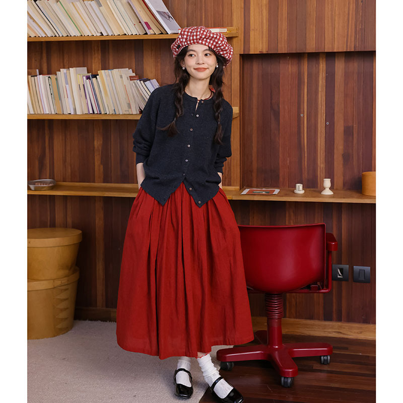 女士秋季復古紅色A字中長裙