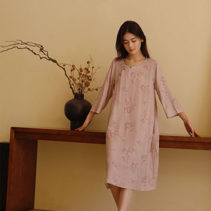 女竹棉紗新中式斜襟臘梅長袖睡裙