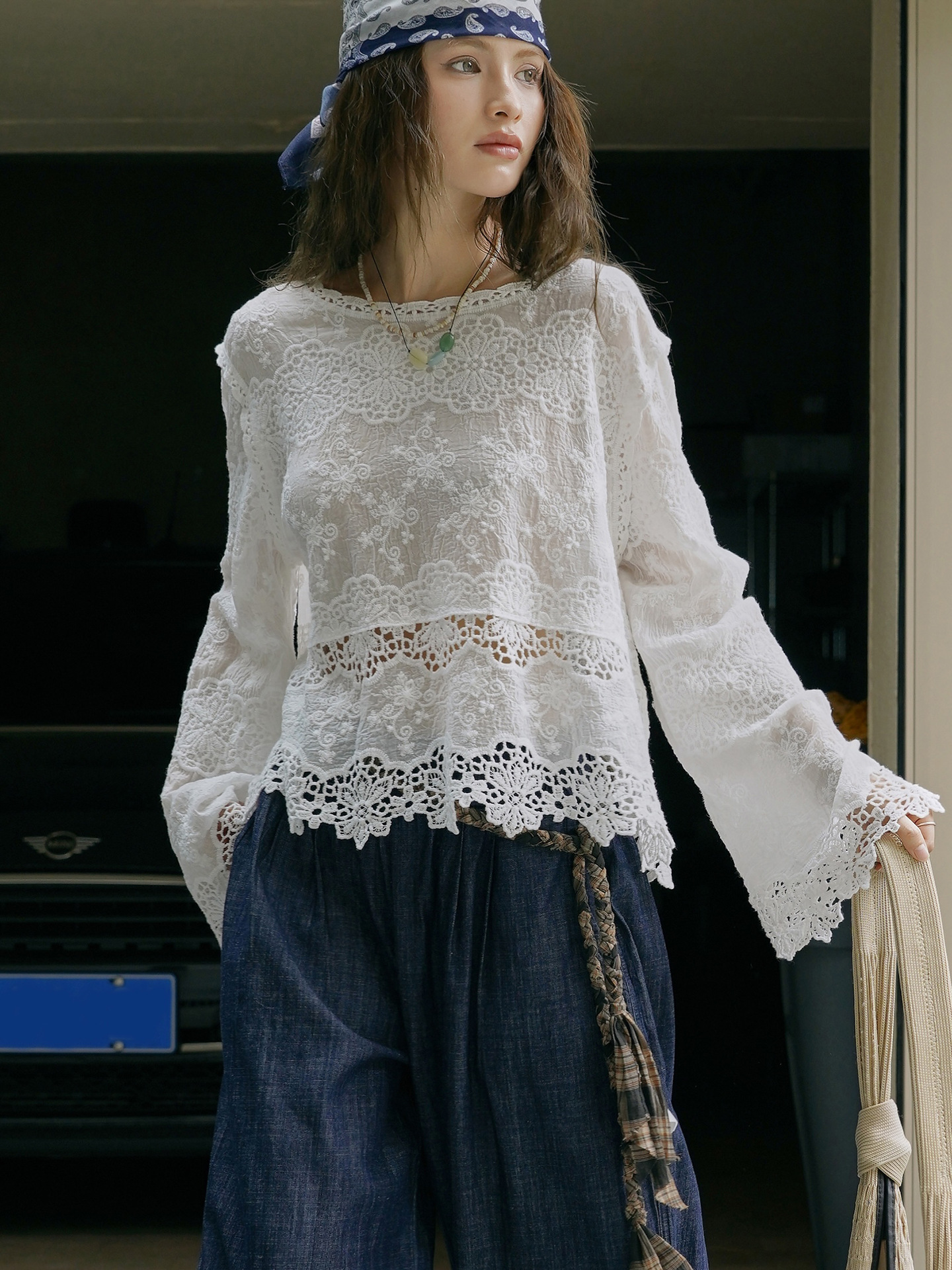 女士夏季蕾絲全棉鏤空長袖T恤