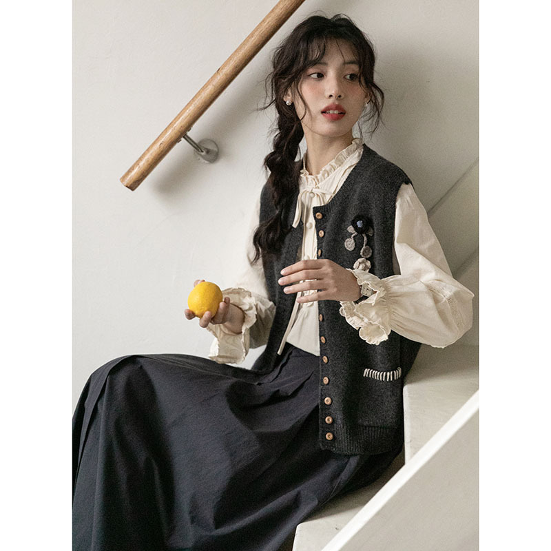 女士秋季法式高腰棉質藏藍色A字半身裙