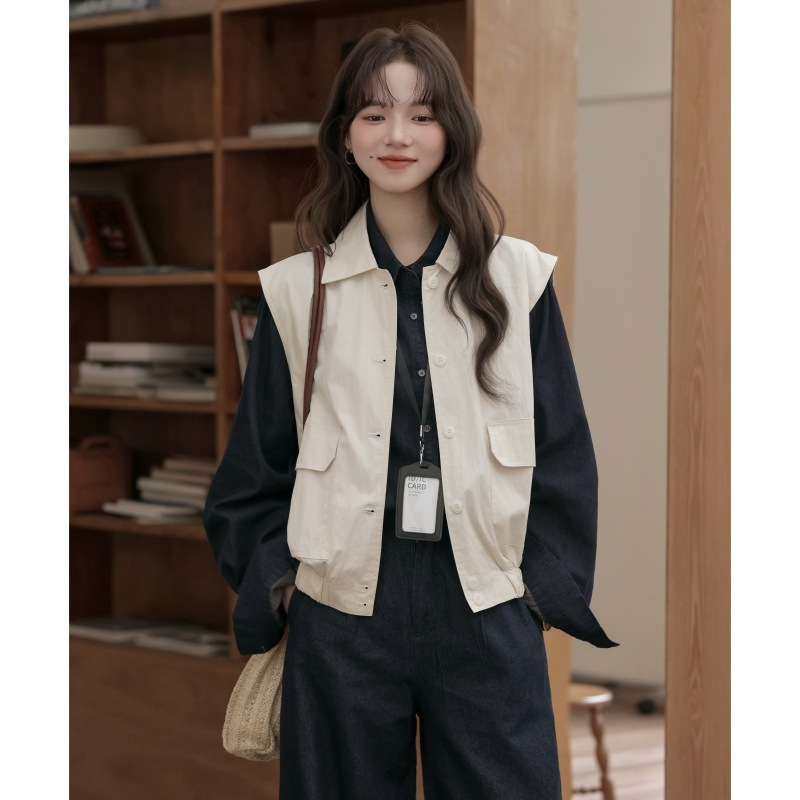 女士春秋大口袋工裝米白色馬甲+藏青色襯衫