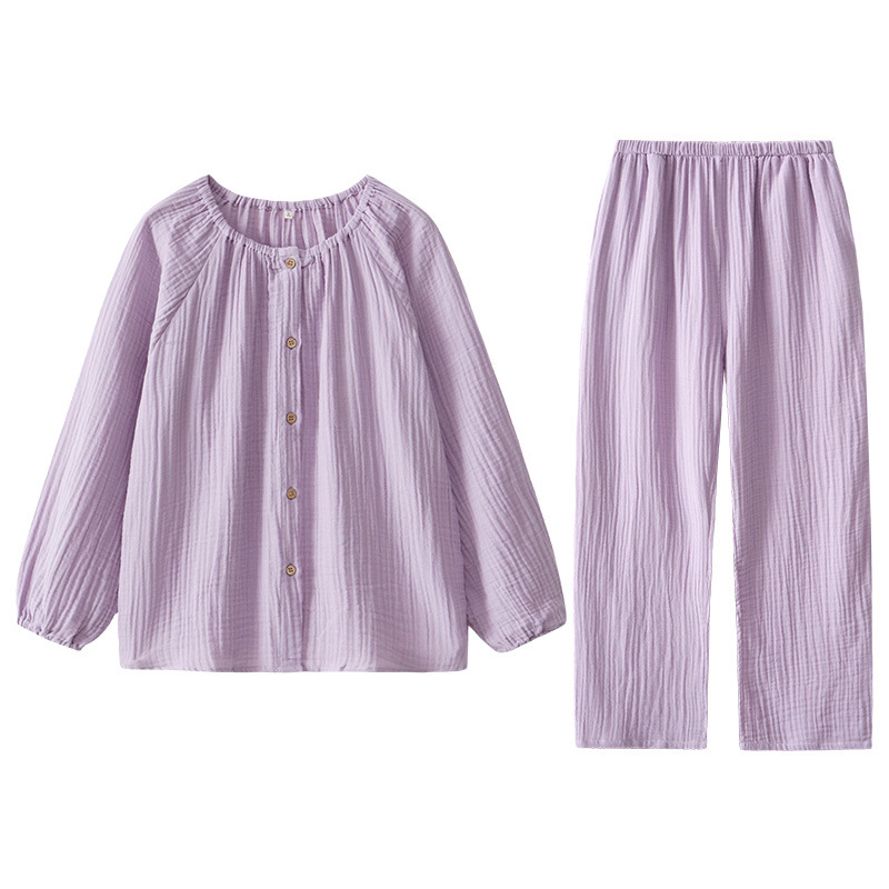 女士春秋雙層紗布圓領長袖長褲居家服