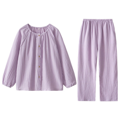 女士春秋雙層紗布圓領長袖長褲居家服