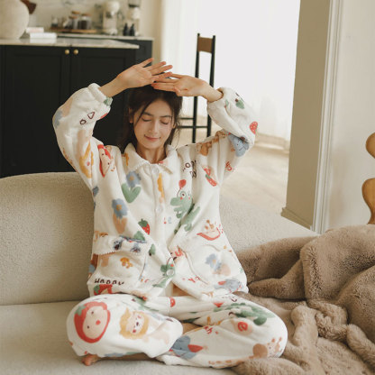 女士秋冬加絨加厚卡通印花睡衣合集