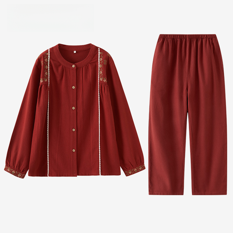 女士秋冬純棉磨毛刺繡袖口長袖長褲居家服