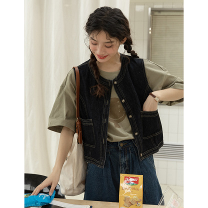 女士春秋短款明線設計牛仔馬甲