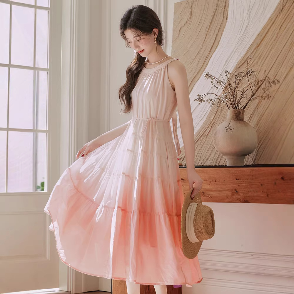 夏漸變粉無袖蝴蝶繫帶連衣裙子