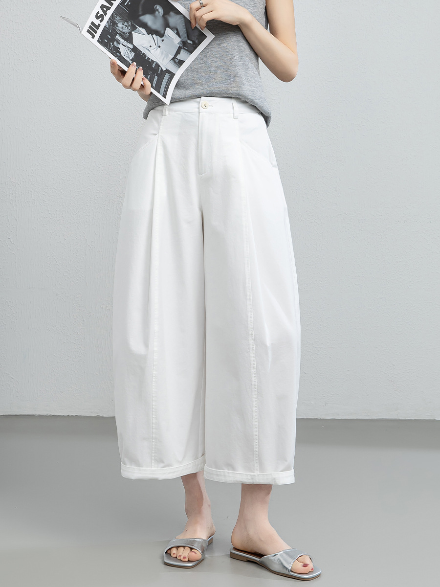 女夏純棉白色九分氣球褲