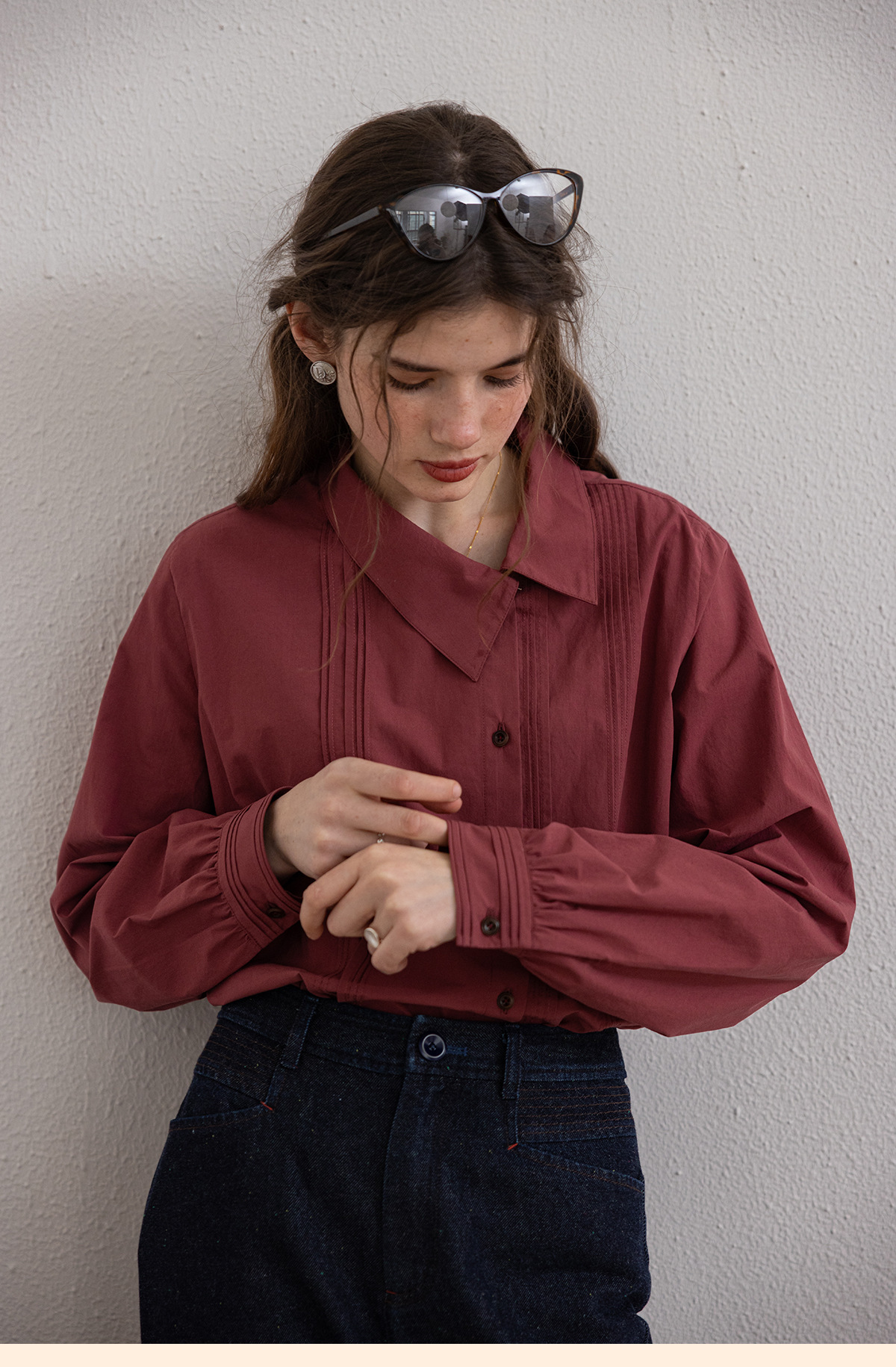 女春秋百褶斜門襟歪領長袖襯衫