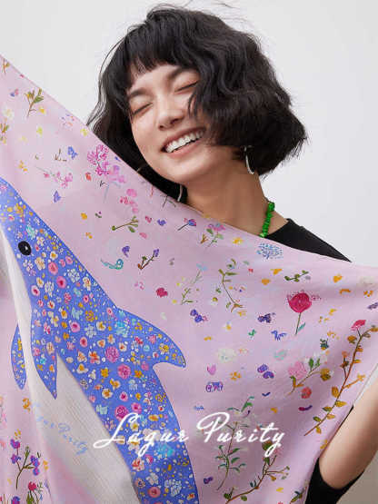 海豚薔薇星辰100%桑蠶絲方絲巾