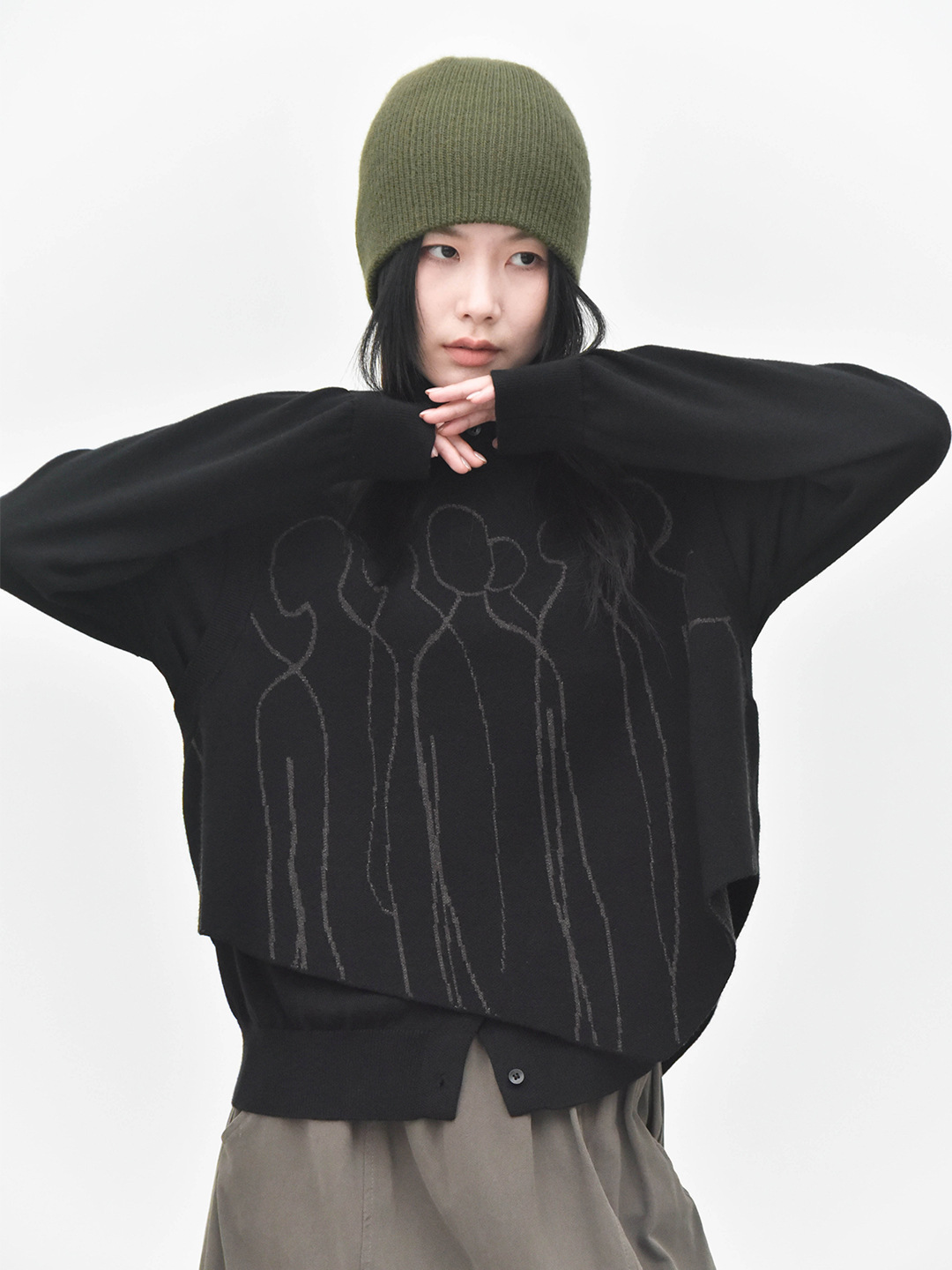 女士秋冬撞色提花尖角圓領針織馬甲