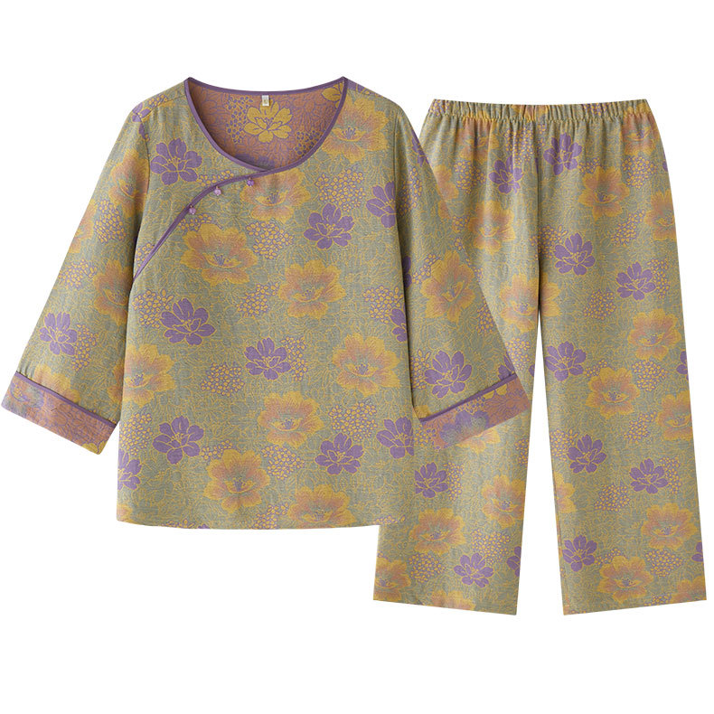 女士古風玉蘭花印花長袖圓領居家服套裝