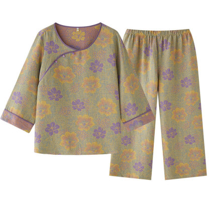 女士古風玉蘭花印花長袖圓領居家服套裝