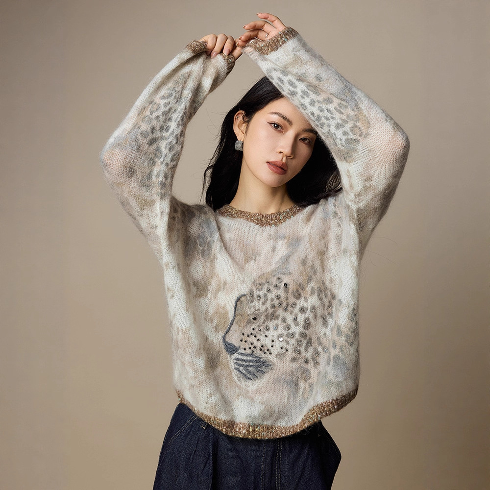 女士春秋印染海馬毛羊毛針織衫