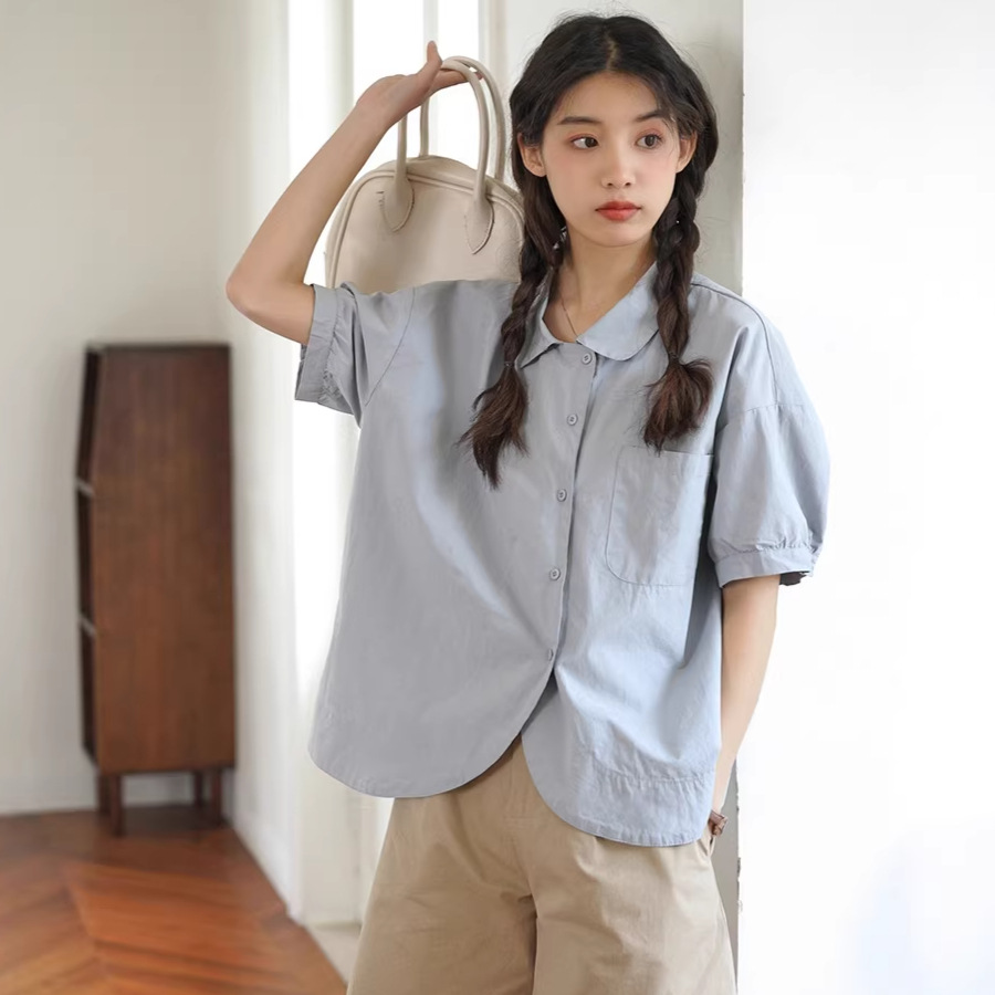 女夏復古小翻領短袖衫衣
