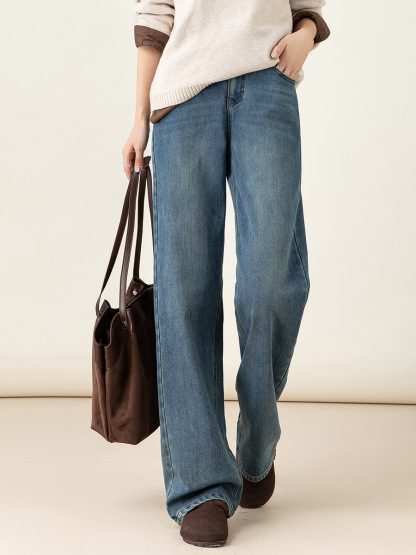 女士冬季加絨高腰直筒牛仔褲