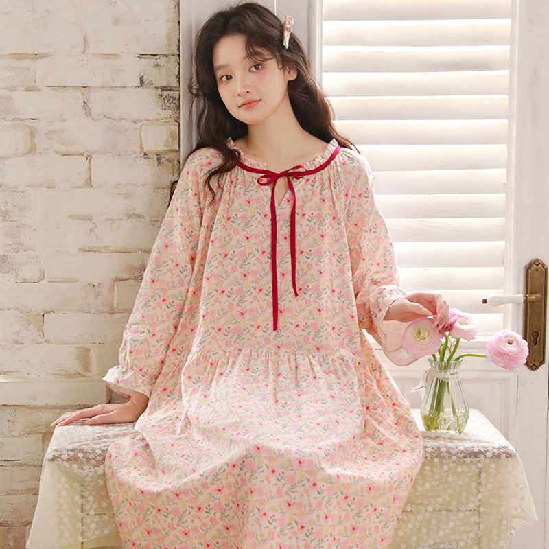 女春九分袖棉紗小碎花睡裙居家服