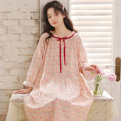 女春九分袖棉紗小碎花睡裙居家服