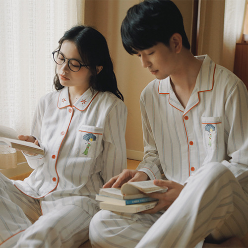 女士春秋純棉情侶條紋刺繡翻領長袖長褲居家服合集