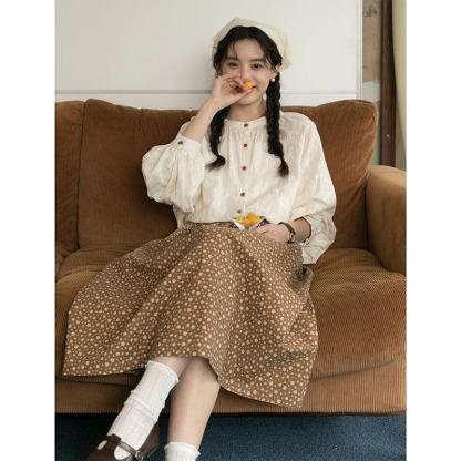 女士秋季森系圓領刺繡蕾絲長袖襯衫