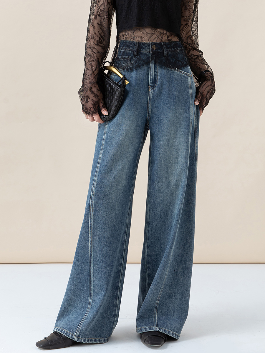 女士秋季分割設計闊腿牛仔褲