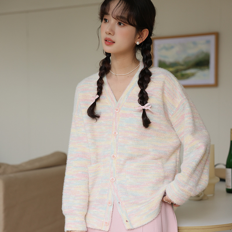 女春V領彩虹針織開衫