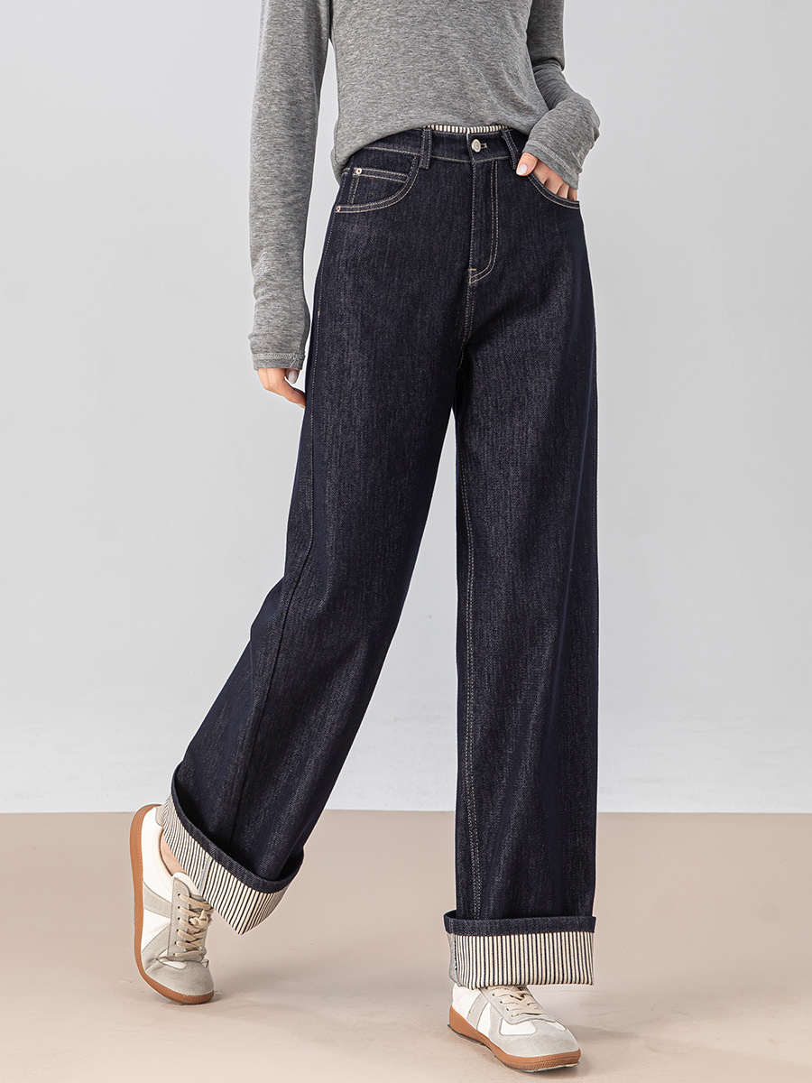 女士春秋條紋翻邊高腰拖地牛仔褲