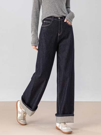 女士春秋條紋翻邊高腰拖地牛仔褲