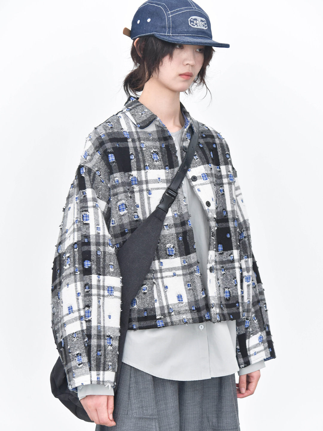 女士秋冬立體格紋磨破設計短款夾棉外套