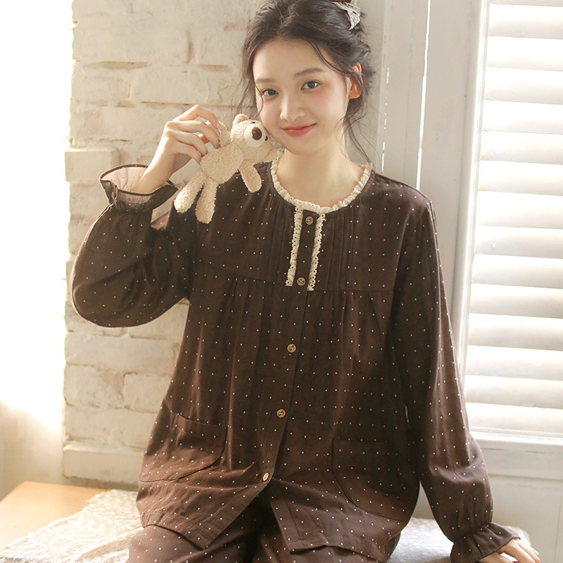 女士秋季棉紗點點圓領長袖長褲居家服