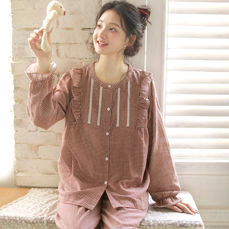 女士秋季帶胸墊純棉圓領開衫長袖長褲居家服