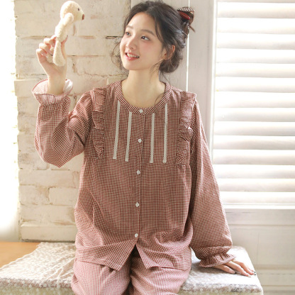 女士秋季帶胸墊純棉圓領開衫長袖長褲居家服