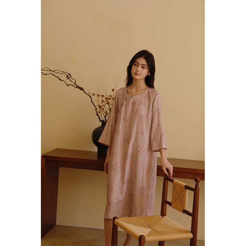 女竹棉紗新中式斜襟臘梅長袖睡裙