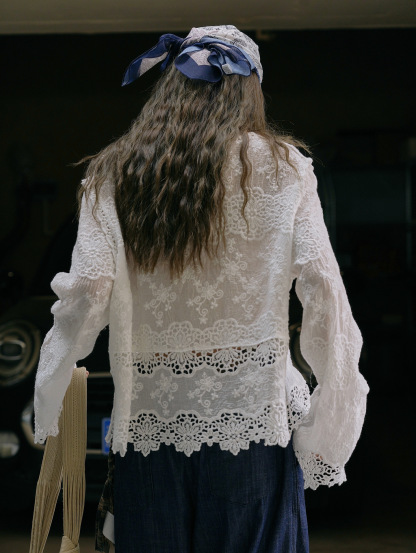 女士夏季蕾絲全棉鏤空長袖T恤