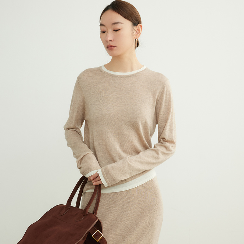 女士春秋羊毛假兩件套頭針織衫