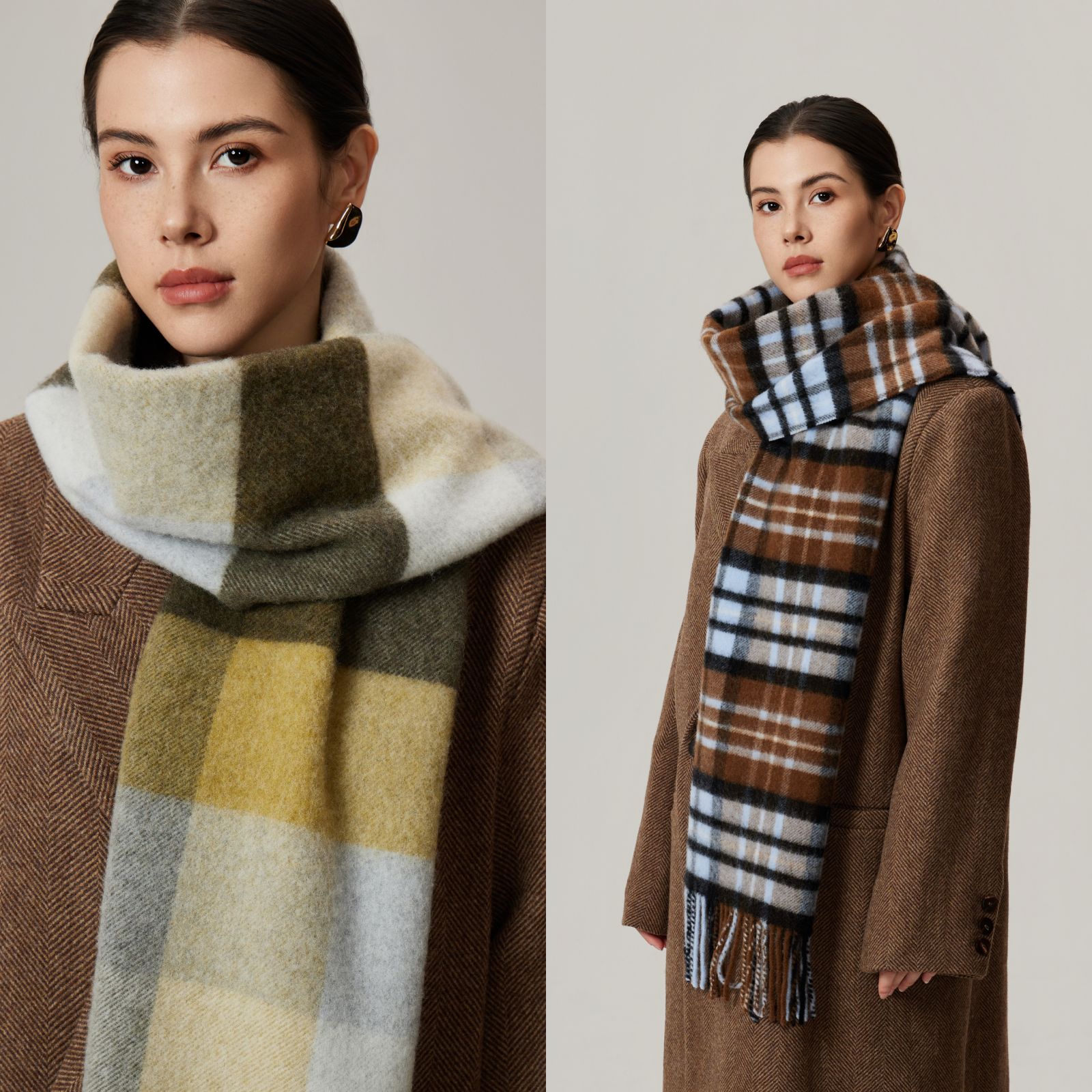 秋冬蓬鬆格子100%羊毛圍巾