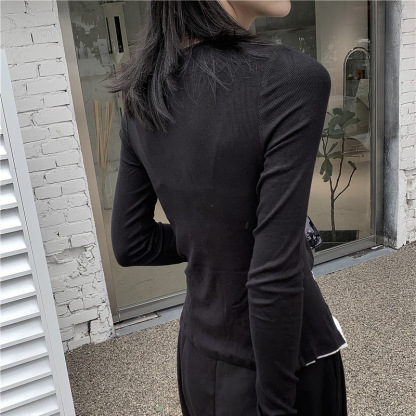 女士秋冬暗黑假兩件V領顯瘦針織長袖T恤