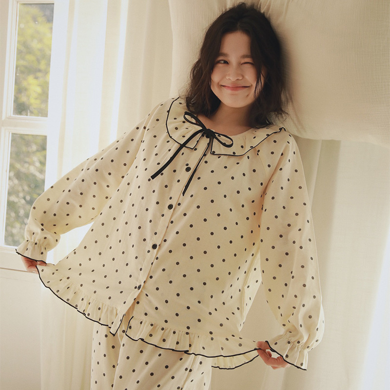女春秋娃娃領波點雙層棉紗家居服