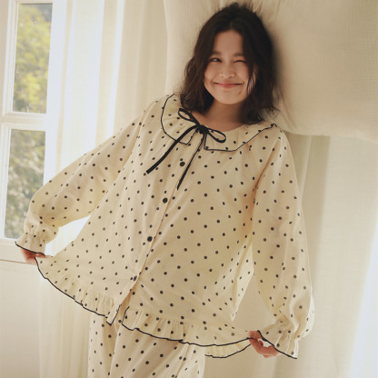 女春秋娃娃領波點雙層棉紗家居服