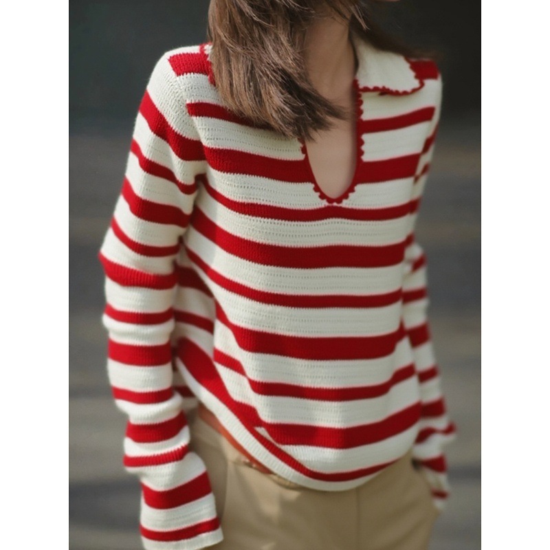 女士秋季紅色條紋U領針織衫