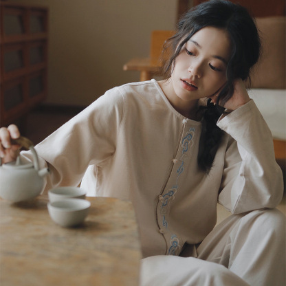 女士秋冬純棉磨毛祥雲刺繡長袖長褲居家服