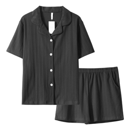 情侶款夏純棉短袖短褲開衫居家服