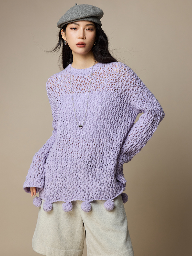 女士春秋100羊毛鏤空針織毛衣