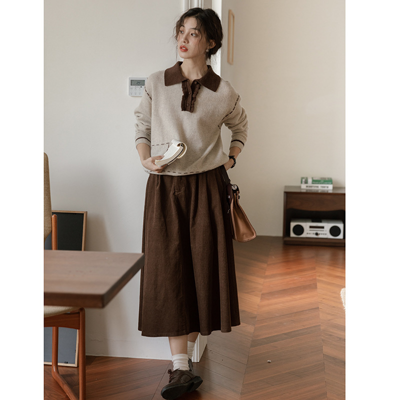 女士秋冬撞色POLO領羊駝絨毛衣