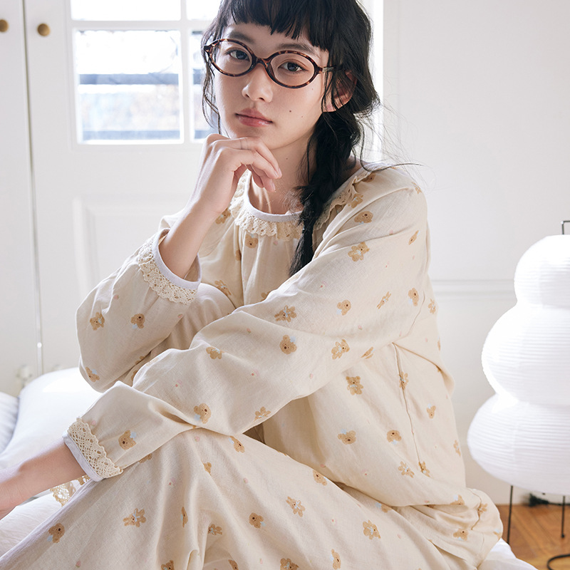 女款纯棉日系蕾絲邊長袖睡衣套装