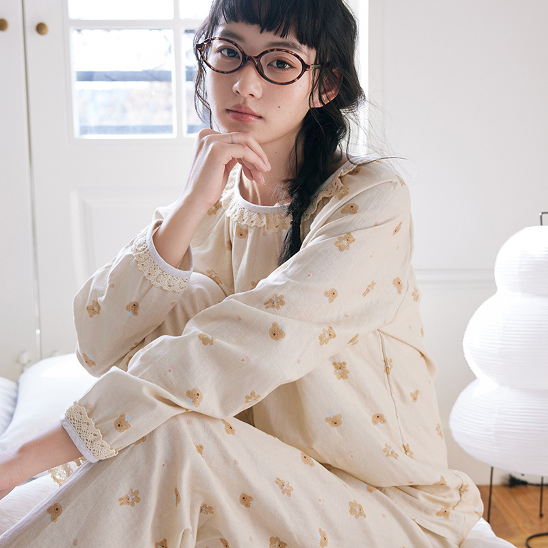 女款纯棉日系蕾絲邊長袖睡衣套装
