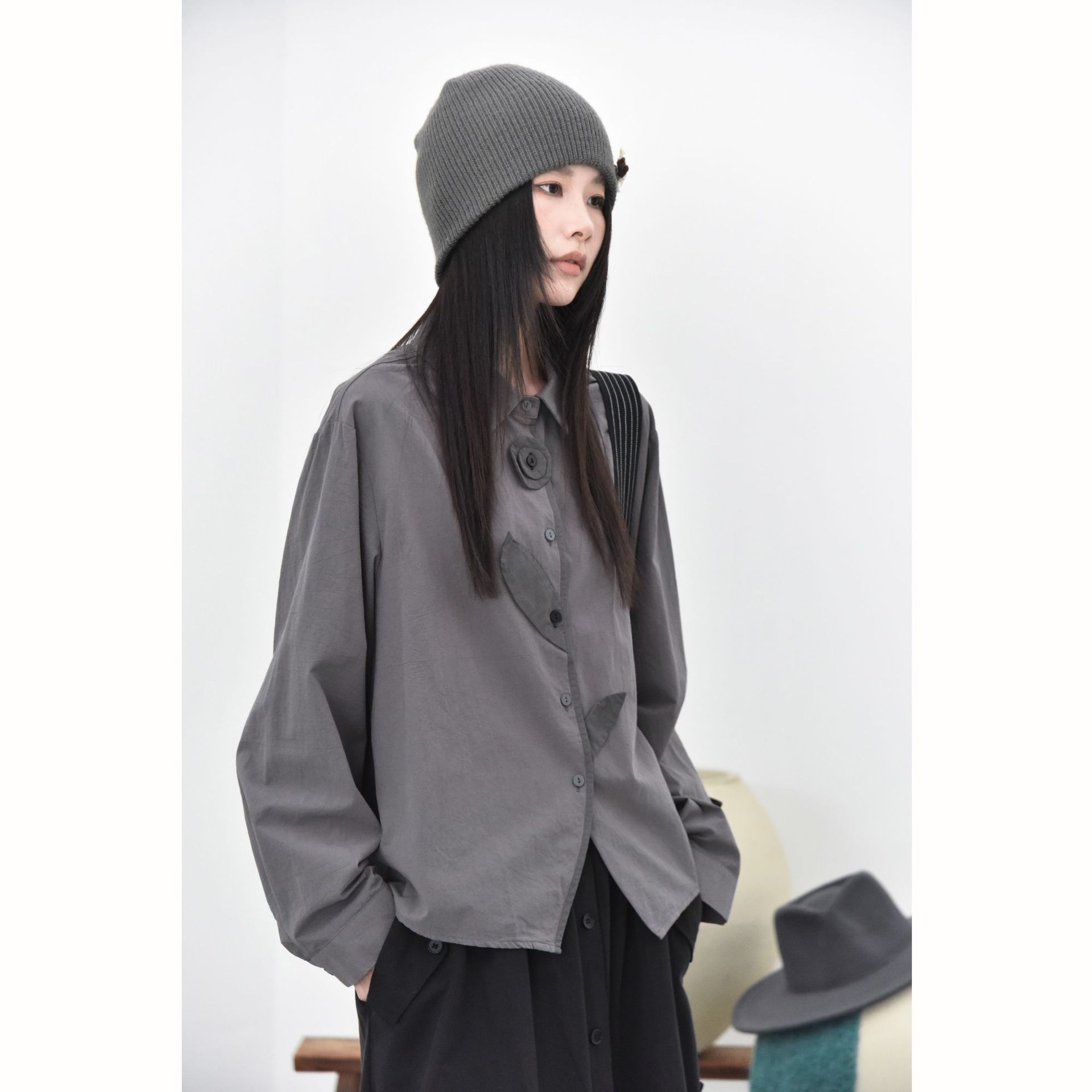 女春秋立體手工花朵長袖襯衫